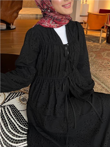 Kolu Lastikli Önü Bağlamalı Astarlı Kimono Takım  -Siyah