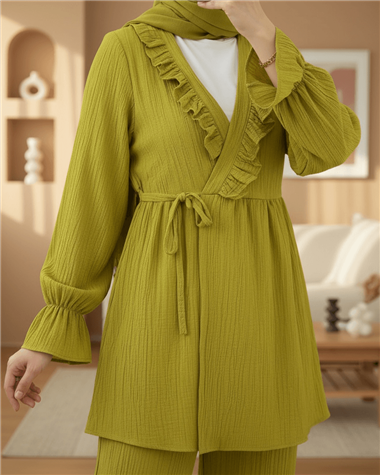Kolu Lastikli Önü Fırfırlı Bağcıklı Krinkıl Kimono Takım -Yağ Yeşili