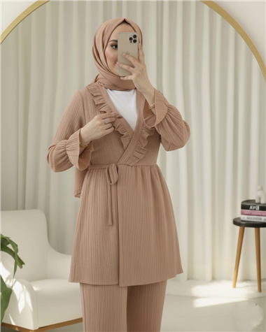Kolu Lastikli Önü Fırfırlı Bağcıklı Krinkıl Kimono Takım -Somon