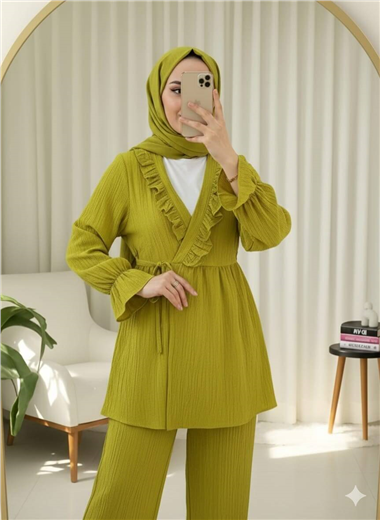 Kolu Lastikli Önü Fırfırlı Bağcıklı Krinkıl Kimono Takım -Yağ Yeşili