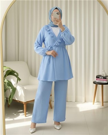 Kolu Lastikli Önü Fırfırlı Bağcıklı Krinkıl Kimono Takım -Mavi