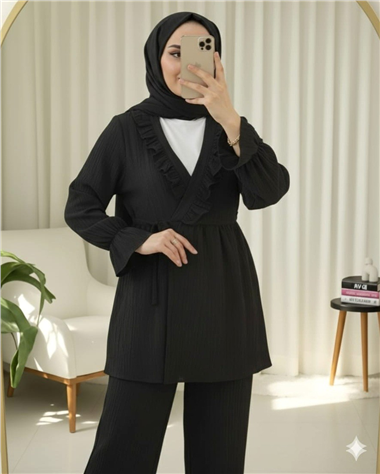 Kolu Lastikli Önü Fırfırlı Bağcıklı Krinkıl Kimono Takım -Siyah
