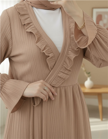 Kolu Lastikli Önü Fırfırlı Bağcıklı Krinkıl Kimono Takım -Somon
