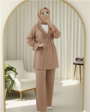 Kolu Lastikli Önü Fırfırlı Bağcıklı Krinkıl Kimono Takım -Somon