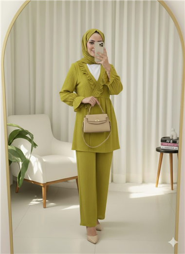 Kolu Lastikli Önü Fırfırlı Bağcıklı Krinkıl Kimono Takım -Yağ Yeşili