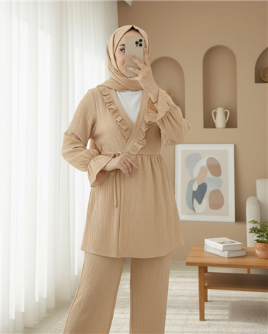 Kolu Lastikli Önü Fırfırlı Bağcıklı Krinkıl Kimono Takım -Vizon