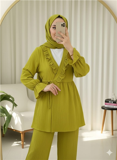 Kolu Lastikli Önü Fırfırlı Bağcıklı Krinkıl Kimono Takım -Yağ Yeşili