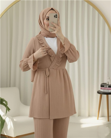 Kolu Lastikli Önü Fırfırlı Bağcıklı Krinkıl Kimono Takım -Somon