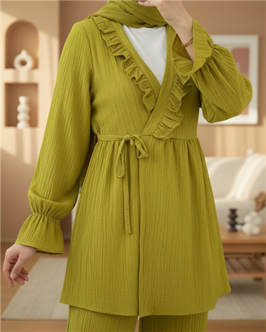 Kolu Lastikli Önü Fırfırlı Bağcıklı Krinkıl Kimono Takım -Yağ Yeşili