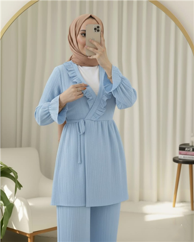 Kolu Lastikli Önü Fırfırlı Bağcıklı Krinkıl Kimono Takım -Mavi
