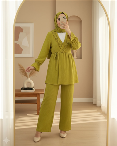 Kolu Lastikli Önü Fırfırlı Bağcıklı Krinkıl Kimono Takım -Yağ Yeşili