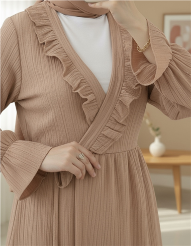 Kolu Lastikli Önü Fırfırlı Bağcıklı Krinkıl Kimono Takım -Somon