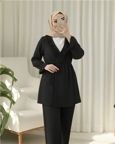 Kolu Lastikli Önü Fırfırlı Bağcıklı Krinkıl Kimono Takım -Siyah
