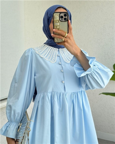 Kolu Lastikli Organze Bebe Yaka Yarım Düğmeli Tunik -Bebe Mavi