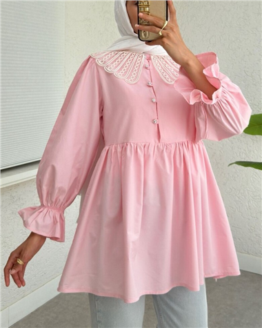 Kolu Lastikli Organze Bebe Yaka Yarım Düğmeli Tunik -Pembe
