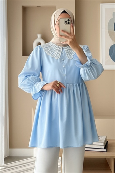 Kolu Lastikli Organze Bebe Yaka Yarım Düğmeli Tunik -Bebe Mavi