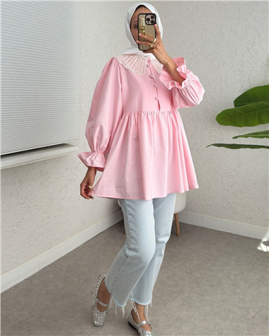 Kolu Lastikli Organze Bebe Yaka Yarım Düğmeli Tunik -Pembe