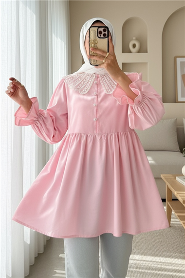 Kolu Lastikli Organze Bebe Yaka Yarım Düğmeli Tunik -Pembe