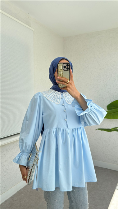 Kolu Lastikli Organze Bebe Yaka Yarım Düğmeli Tunik -Bebe Mavi