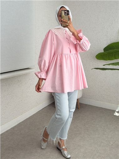 Kolu Lastikli Organze Bebe Yaka Yarım Düğmeli Tunik -Pembe