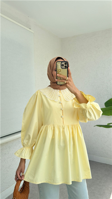 Kolu Lastikli Organze Bebe Yaka Yarım Düğmeli Tunik -Sarı