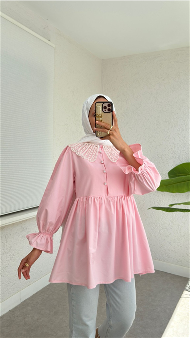 Kolu Lastikli Organze Bebe Yaka Yarım Düğmeli Tunik -Pembe