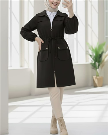 Kolu Lastikli Top Düğme Cepli Fermuarlı Kaşe Kap -Siyah