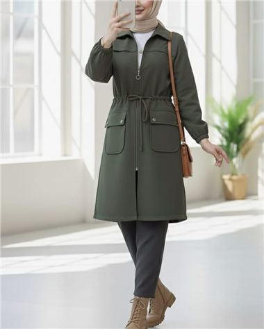 Kolu Lastikli Top Düğme Cepli Fermuarlı Kaşe Kap -Haki