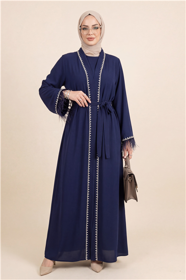 Kolu Tüylü Sıralı Taş Detaylı Kemerli Abaya  -Laci