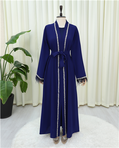 Kolu Tüylü Sıralı Taş Detaylı Kemerli Abaya -Saks