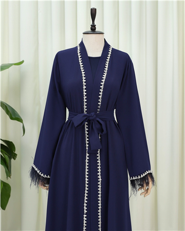 Kolu Tüylü Sıralı Taş Detaylı Kemerli Abaya  -Laci
