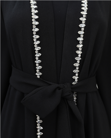 Kolu Tüylü Sıralı Taş Detaylı Kemerli Abaya -Siyah