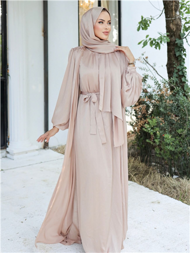 Krinkıl İpek Saten 3lü Abaya Takım -Bej