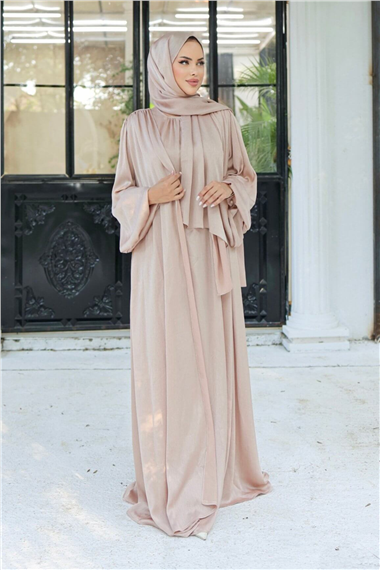 Krinkıl İpek Saten 3lü Abaya Takım -Bej