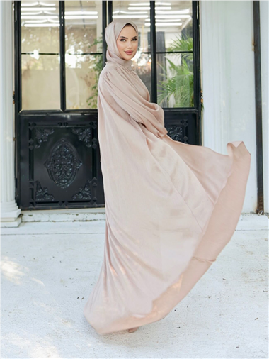 Krinkıl İpek Saten 3lü Abaya Takım -Bej