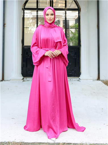 Krinkıl İpek Saten 3lü Abaya Takım -Fuşya