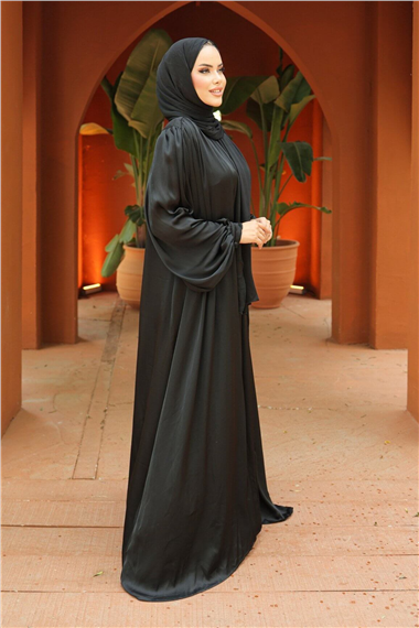 Krinkıl İpek Saten 3lü Abaya Takım -Siyah
