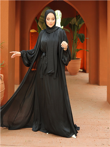 Krinkıl İpek Saten 3lü Abaya Takım -Siyah