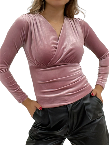 Kruvaze Model Kadife Bluz -Pudra