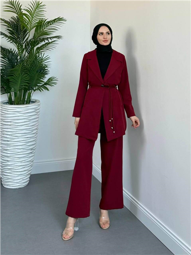 Kruvaze Yaka Çift Bağcıklı Ceket Pantolon Takım -Bordo