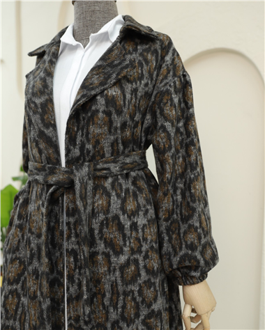 Kruvaze Yaka Kemerli Cepli Leopar Desen Kaşe Kap -Leopar
