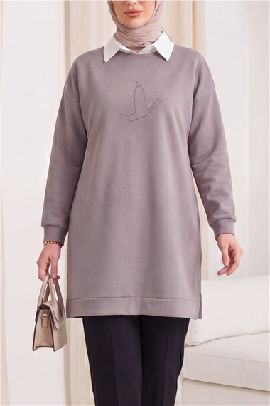 Kuş Desenli Taşlı Oysho Tunik  -Açık Gri