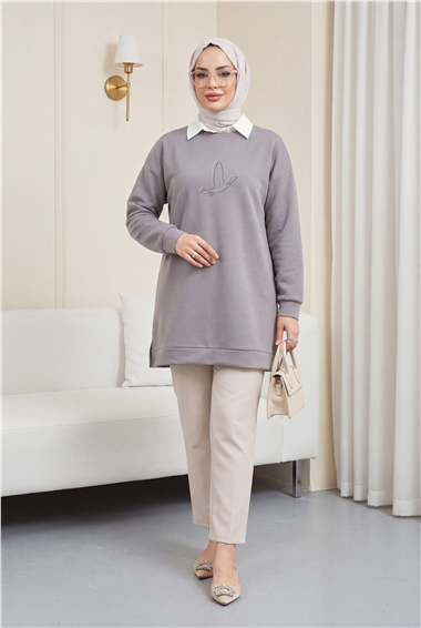 Kuş Desenli Taşlı Oysho Tunik  -Açık Gri