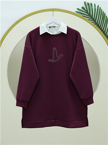 Kuş Desenli Taşlı Oysho Tunik  -Bordo