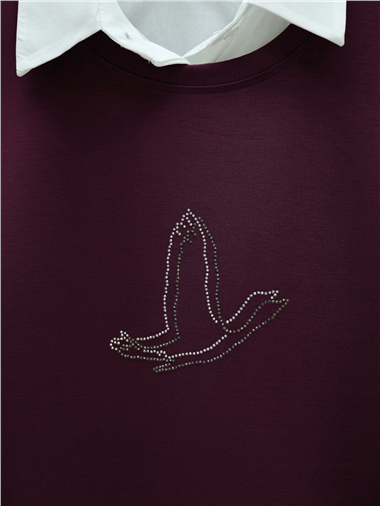 Kuş Desenli Taşlı Oysho Tunik  -Bordo