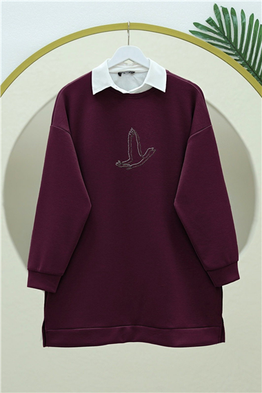 Kuş Desenli Taşlı Oysho Tunik  -Bordo