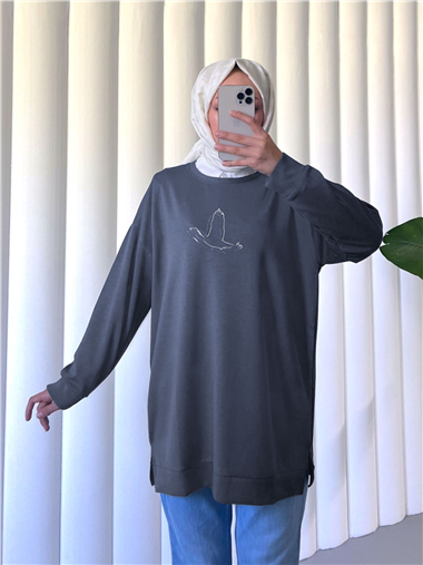 Kuş Desenli Taşlı Osyho Tunik  -Füme