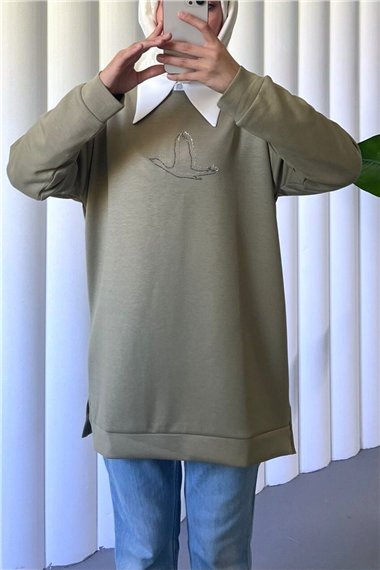 Kuş Desenli Taşlı Osyho Tunik  -Haki