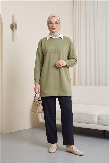 Kuş Desenli Taşlı Osyho Tunik  -Haki