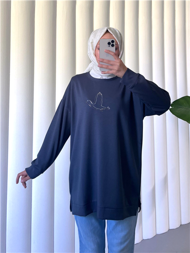 Kuş Desenli Taşlı Oysho Tunik   -Laci